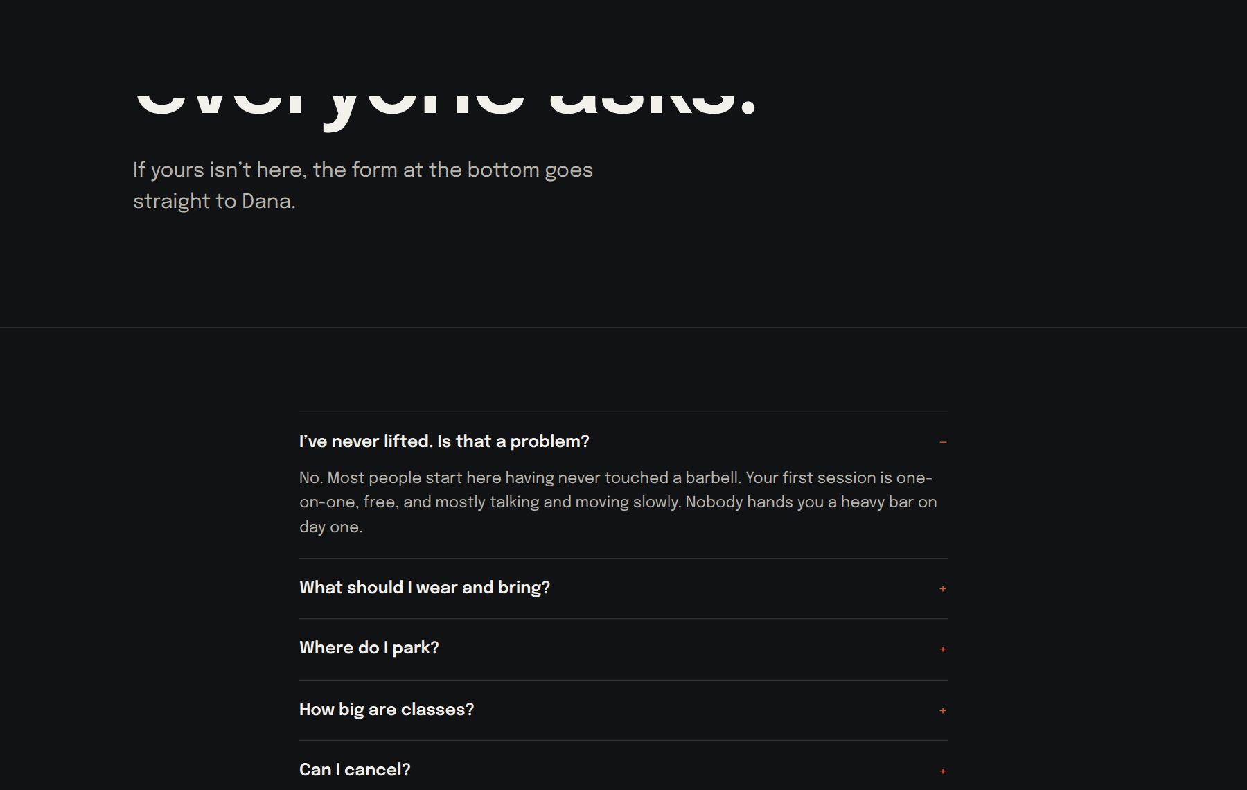 The FAQ and intake form on the sample gym site
